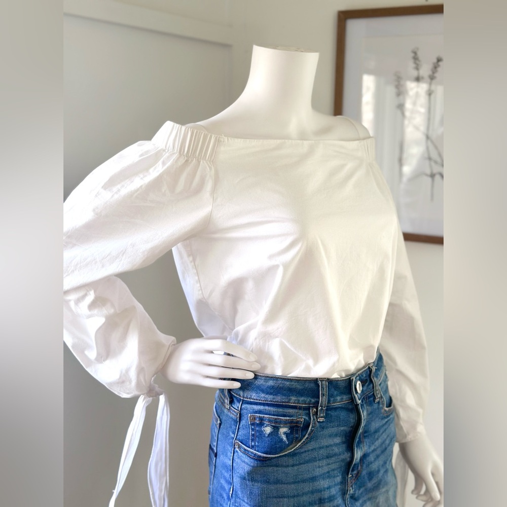 J.O.A. Off The Shoulder Long-Sleeve Blouse Tie Sleeve Top White Women's S
